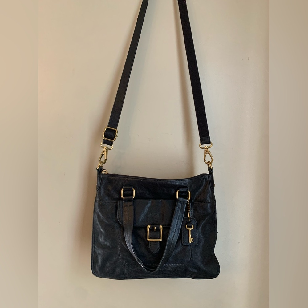Fossil Becca Crossbody Satchel Bag Leather Black Brass crossbody Handbag - Picture 1 of 12
